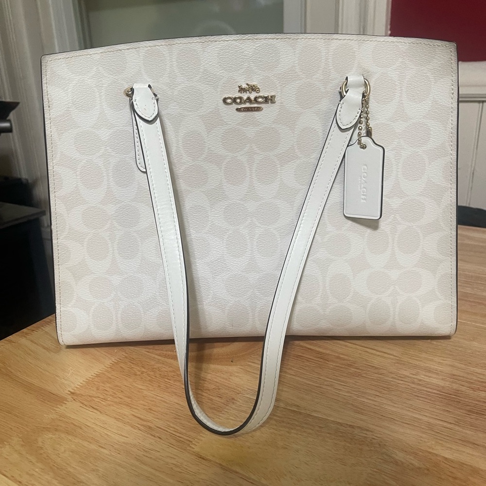 Coach White Signature Tote with Gold Accents